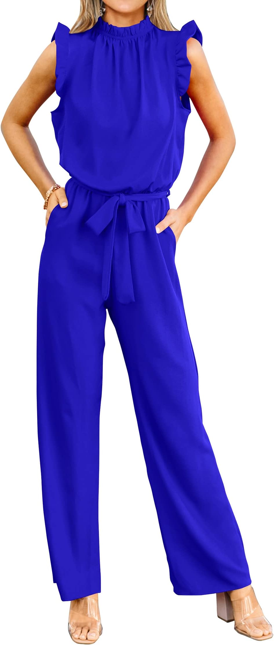KIRUNDOJumpsuits For Women Dressy One Piece Sleeveless Ruffle Mock Neck Belted Formal Wide Leg Pants Romper with Pockets, Royal Blue, Large
