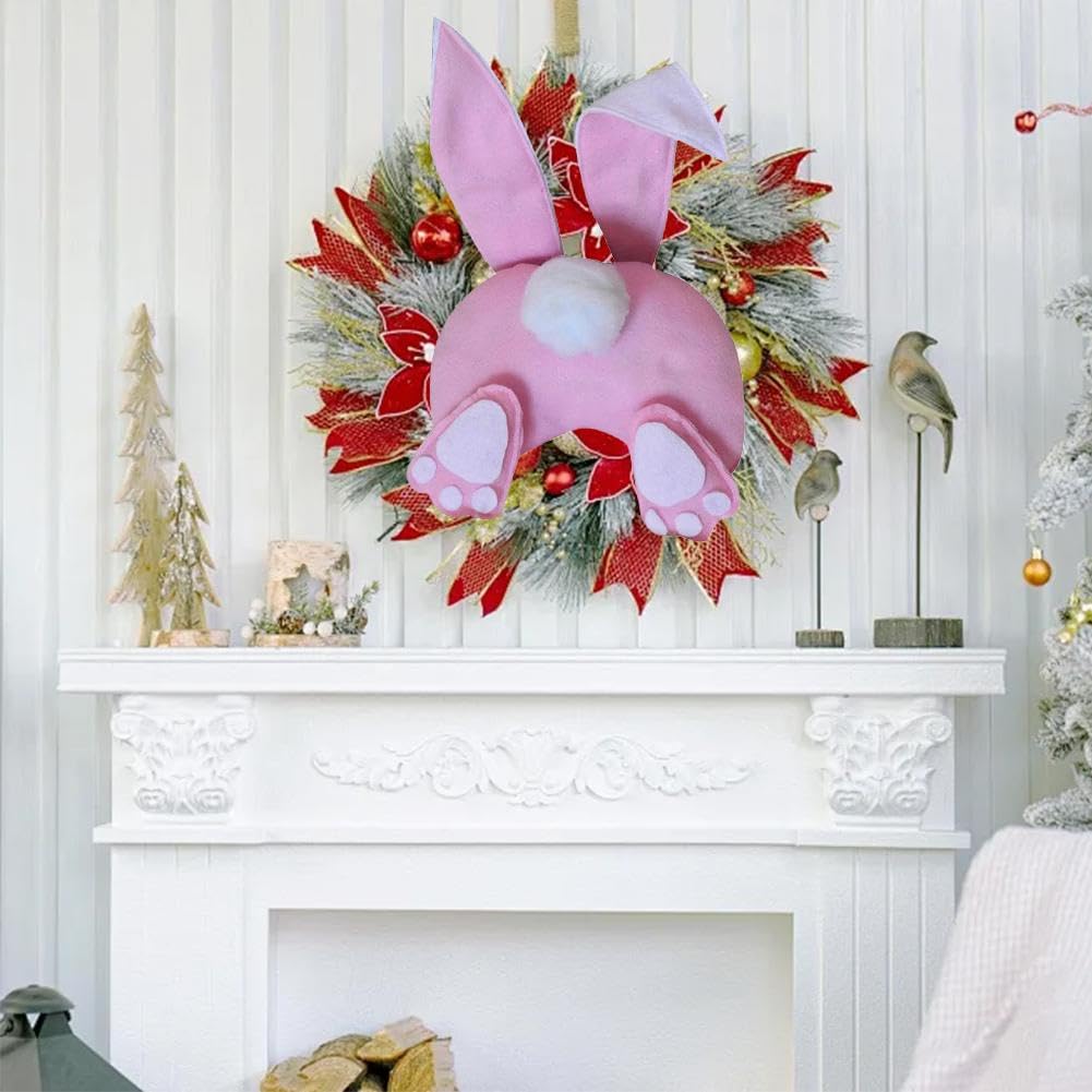 Ghirlanda Di Pasqua Belupai Per Porta – Coniglio Con Orecchie Di Peluche, Fiori Rosa, Fiocco, 10 Pollici - 2