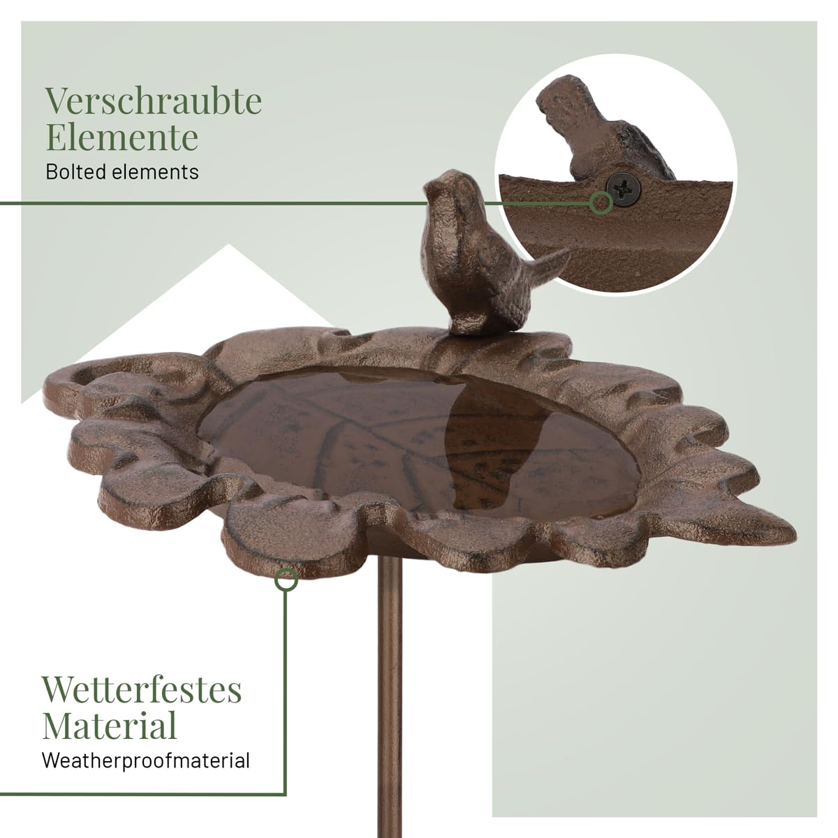 wildlife home Bain d'oiseaux debout sur piquet en fonte en forme de feuille - Bain d'oiseaux pour jardin, balcon - Résistant au gel - En fonte - Pour oiseaux sauvages