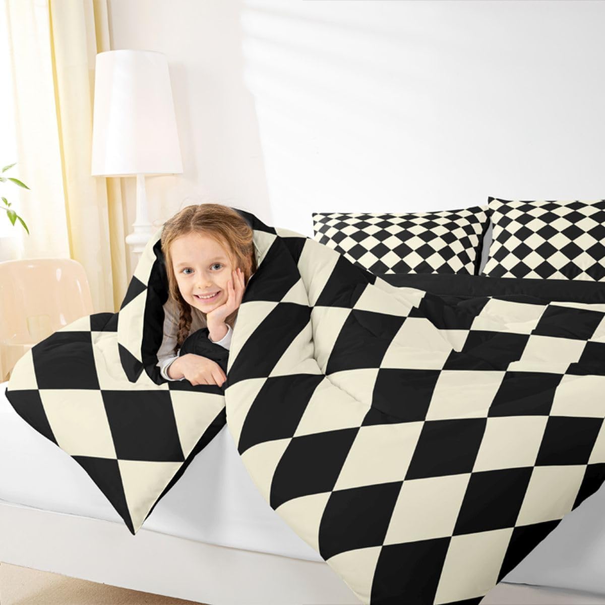 Feelyou Diamond Plaid Comforter Set Full Size Buffalo Check Grid Bedding Set for Kids Boys Girls Classic Checked Beige Black Duvet Quilt Bedroom Decor Microfiber 3 Pcs with 2 Pillow Cases