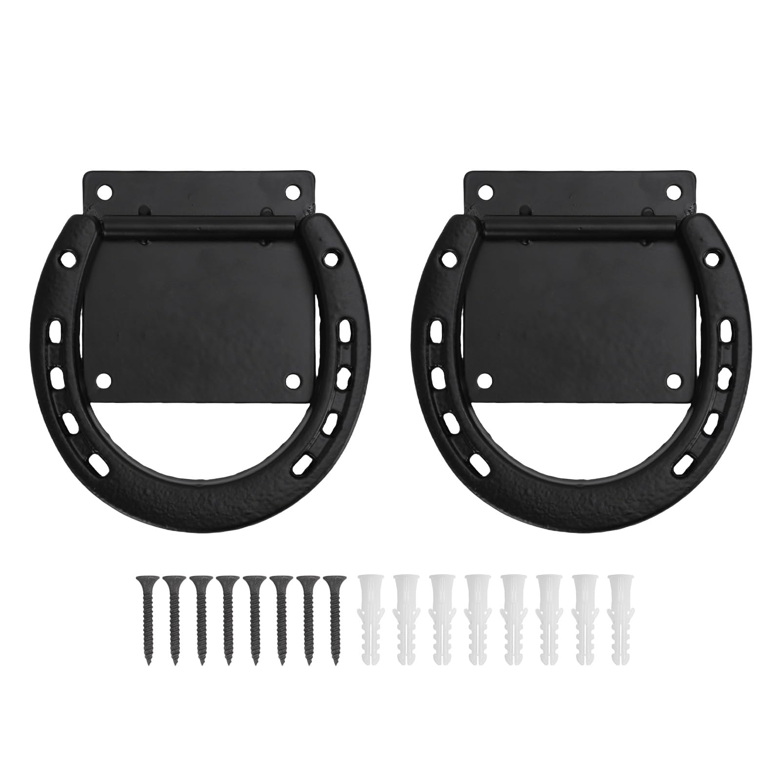 Paquete de 2 Anillos para Atar Caballos – Diseño de Herradura con Revestimiento Negro de Acero Macizo para Estacionar y Asegurar Caballos – Instalación Más Fácil con 8 Tornillos de Expansión