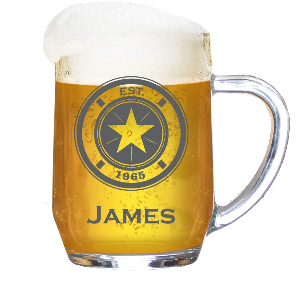 Personalised Tankard Glass Stein Engraved 1 Pint Beer Tanker Men Handle Wreath Superhero Star Gift Box 590 ml