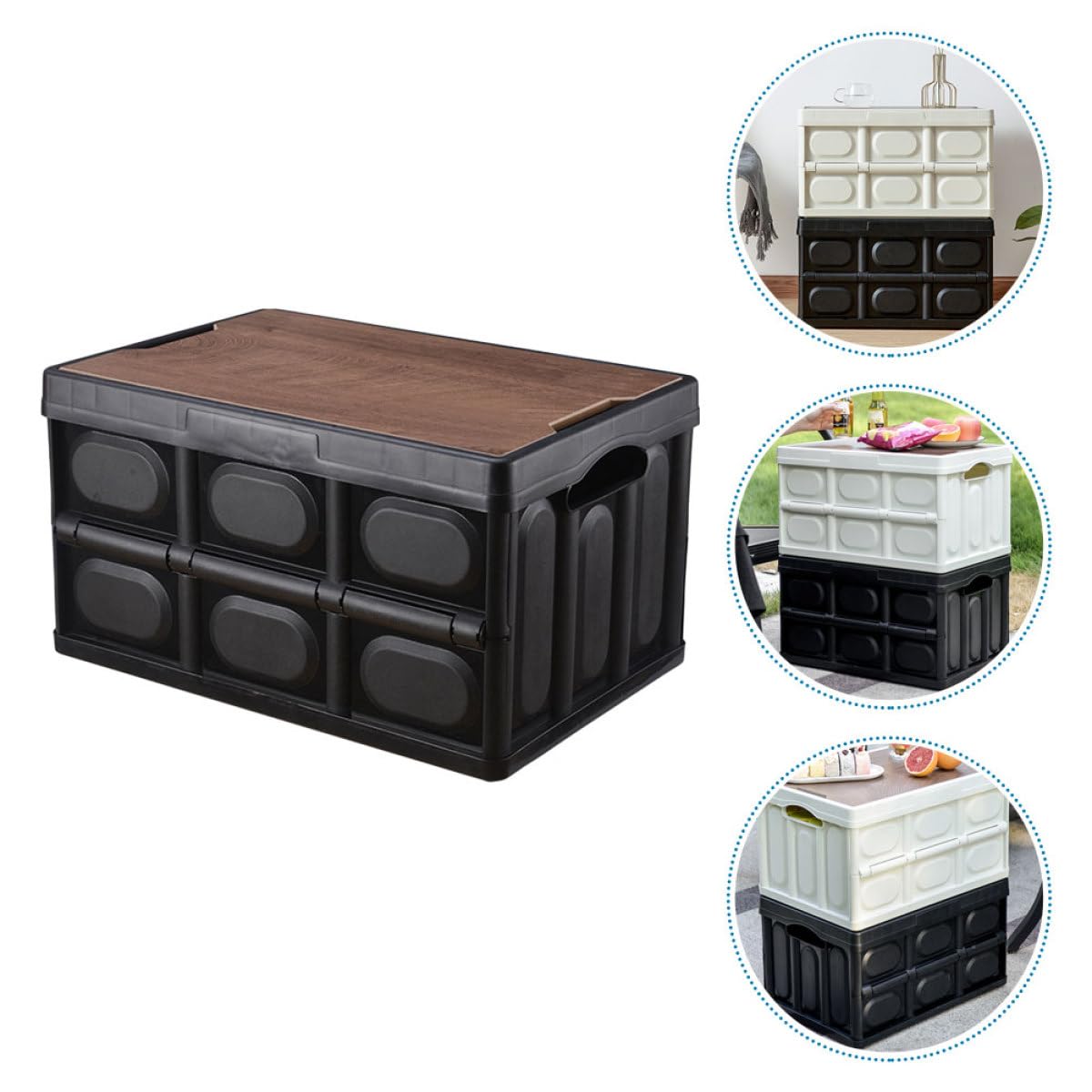 Kofferraum Organizer Faltbare Aufbewahrungsbox mit Holzdeckel Robuste Kunststoffbox 30l Volumen Multifunktionale Aufbewahrungsorganizer mit Fächern für Fahrzeug und Picknick
