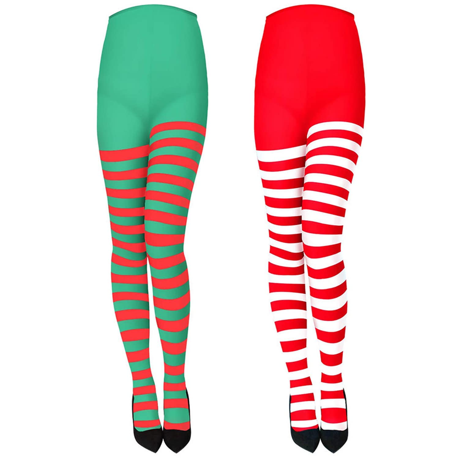 XNHIU 2 Pairs Christmas Striped Tights Full Footed Striped Socks Red Green White Thigh High Stockings for Christmas Party Costume Dress Up (Red Green White)