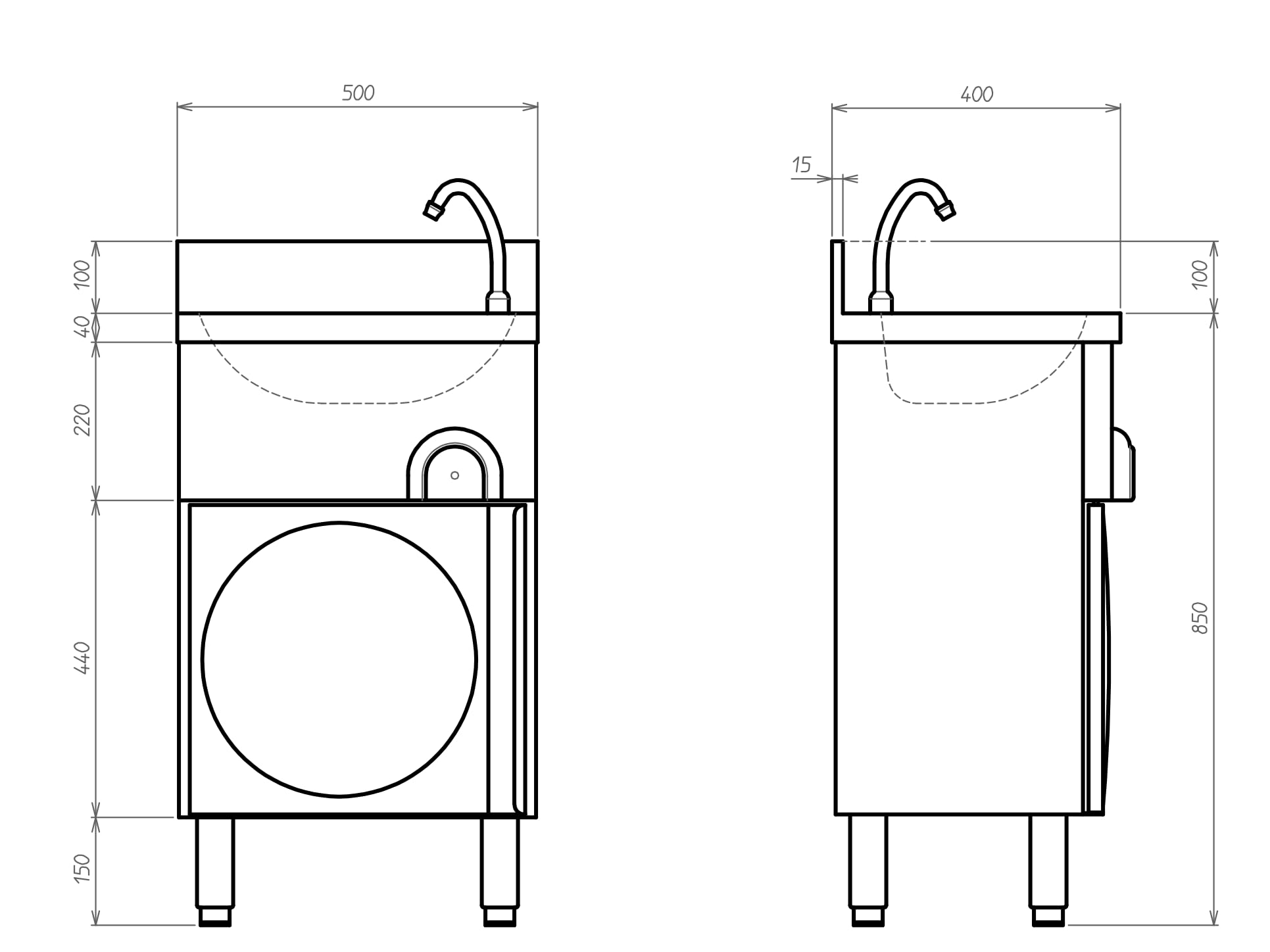Handwaschbecken 0080 aus Edelstahl mit Kniebedienung, zeitgesteuertem Wasserfluss und Unterschrank