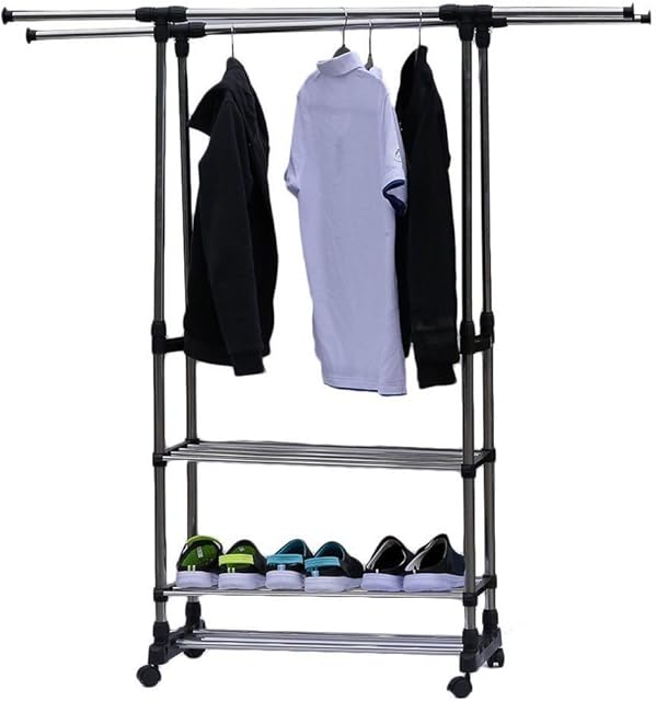 ADIBY Clothes Rail Heavy Duty Double Hanging Rails Wall Tidy Rail Adjustable Garment Coat Rack Modern Minimalist Design Organiser For Dresses Boxes , Shoes