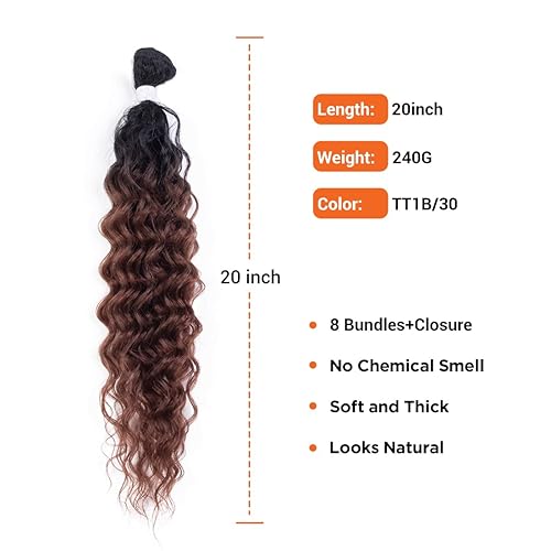 Miniatura 3 de Extensiones de cabello sintético degradado rizado con cierre de dos tonos marrón T1B30, 8 paquetes con cierre de trama de cabello ondulado para