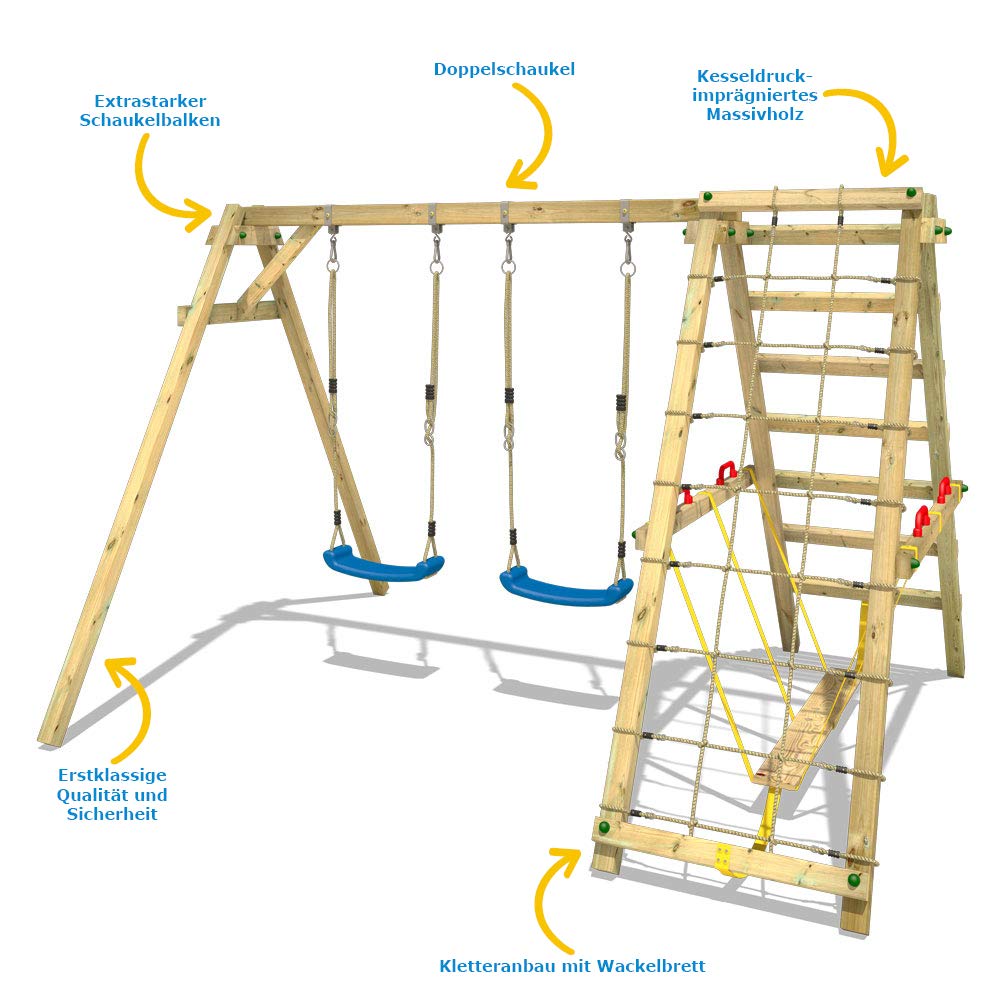Columpio Infantil WICKEY Smart Hike Rojo - Columpio y SurfSwing, Columpio, Columpio Doble, Columpio de Madera con Accesorio de Escalada para niños en el jardín