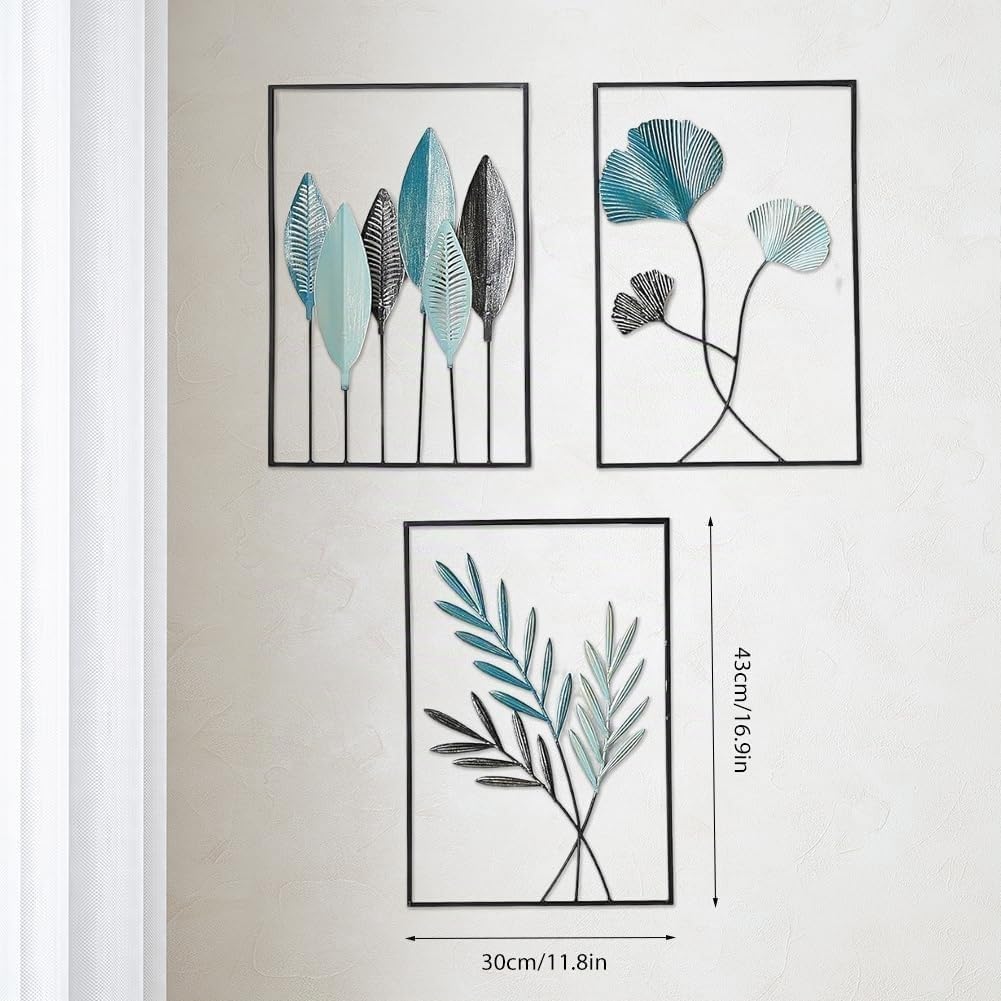 Zinueen 3 Stück Blatt Wanddekoration aus Metall, Schwar Metall Wandkunst | Minimalistische Metall Wanddeko, Home Wandkunst Dekorative Gemälde, für Zuhause Wohnzimmer Schlafzimmer Flur
