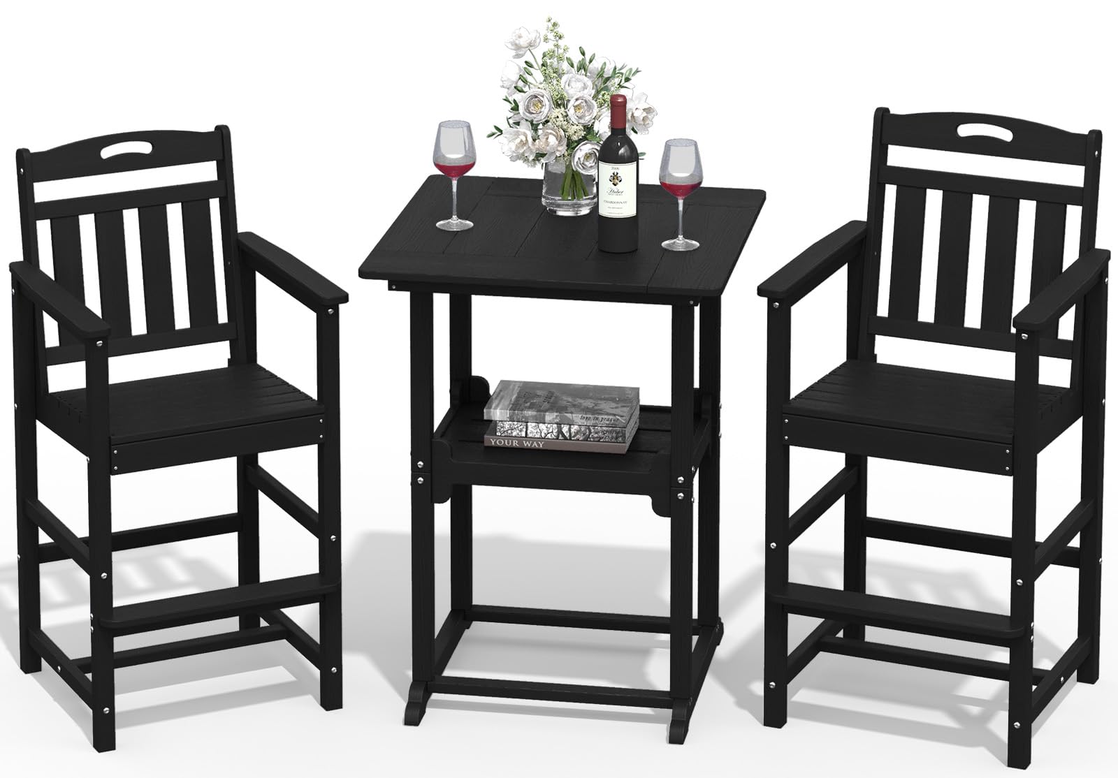 Outdoor Bistro Bar Set, Patio High Top Table and Bar Height Tall Adirondack Chairs Set of 2, All-Weather HDPE Square Pub Furniture for Outside Balcony Backyard Pool Deck | 3-Pieces, Black