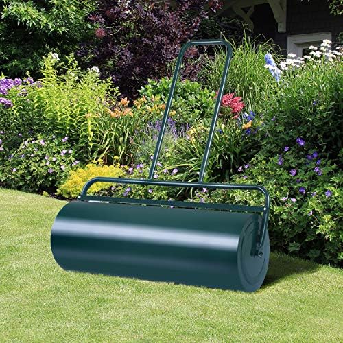 GiantexUK 48L/63L Garden Lawn Roller, Water/Sand Filled Lawn leveller with Scraper Drum & Removable Drain Plug, Heavy Duty Metal Lawn Push Rolling Tool for Grass Seed (48L, 110cm U-Handle, Green)