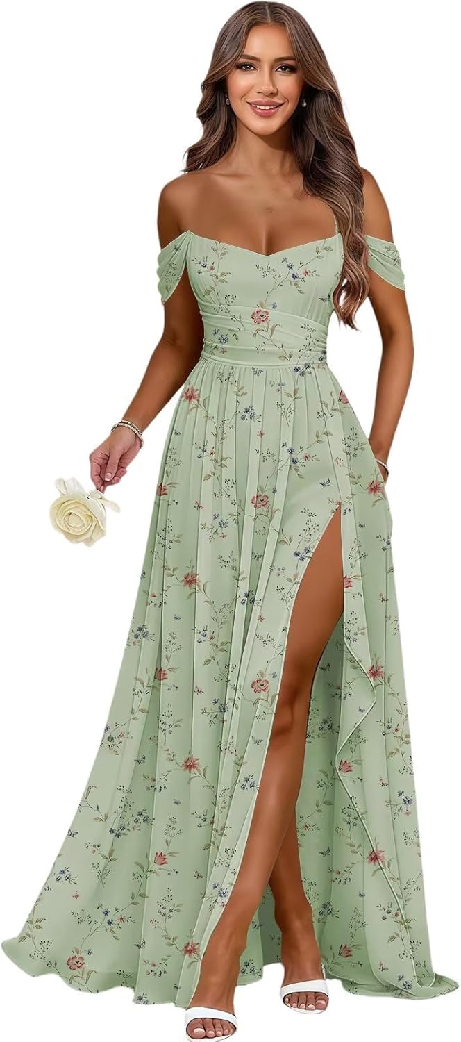Chiffon Bridesmaid Dresses for Women Off Shoulder Corset Ruffles Long Formal Gown with Slit