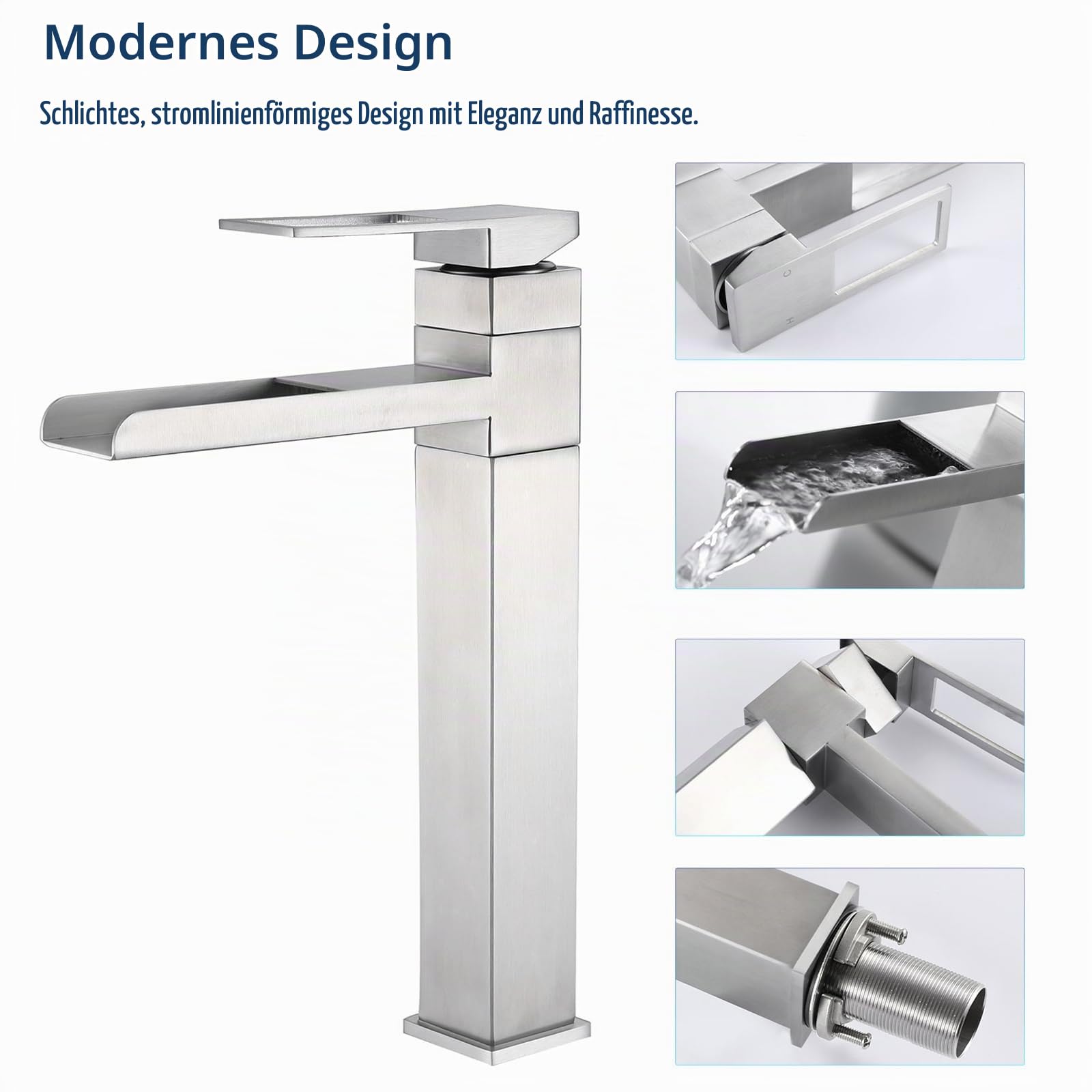 Waschtischarmatur Hoch, Wasserhahn Bad Wasserfall, 360° Schwenkbar Mischbatterie Waschtisch, Einhebelmischer für Bad, Hoch Armatur, Gebürstet, 6M2OK-T