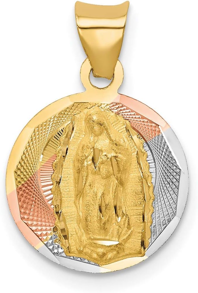 Polished Our Lady of Guadalupe Round Pendant in Real 14k Tri-Color Gold