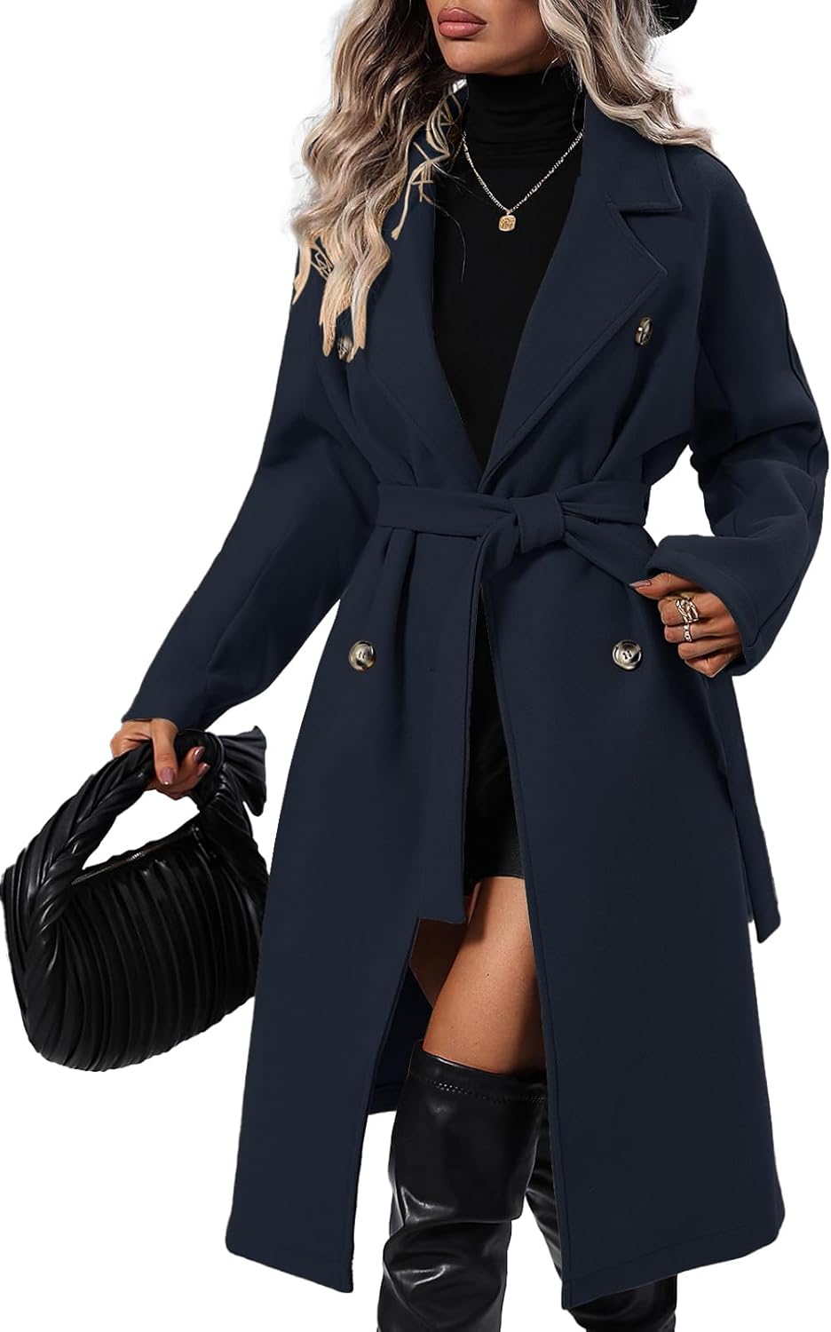 SAUKOLE Women's Trendy Lapel Collar Double Breasted Wool Blend Coats Winter Pea Overcoat Pocketed Outwear with Belt