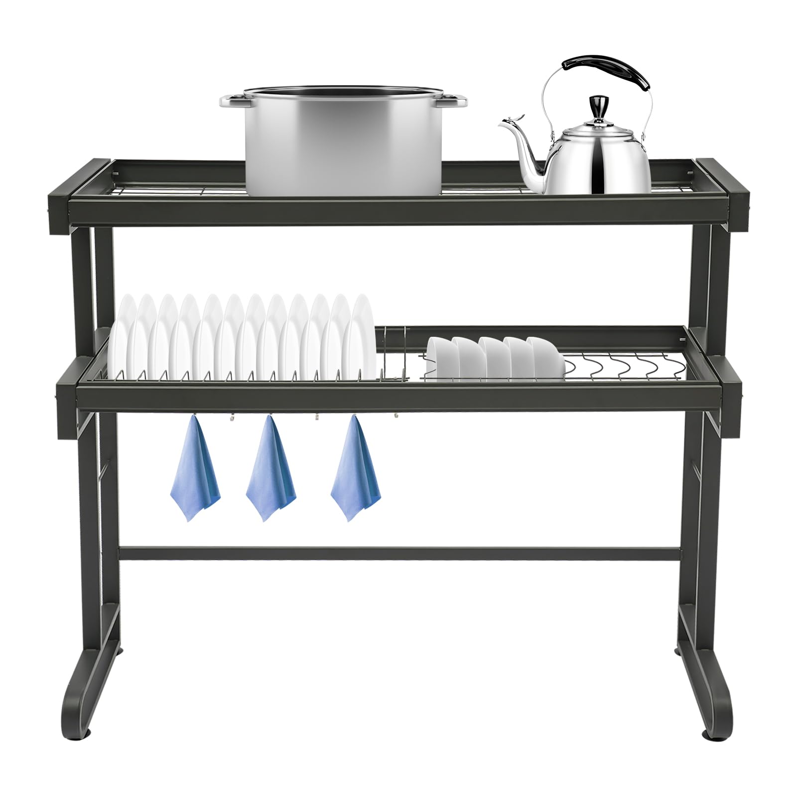 Abtropfgestell Geschirr mit 2 Ebenen 86 cm Geschirrabtropfgestell aus Metall mit Utensilienhalter Höheneinstellbar Geschirrtrockner mit Haken (Schwarz)
