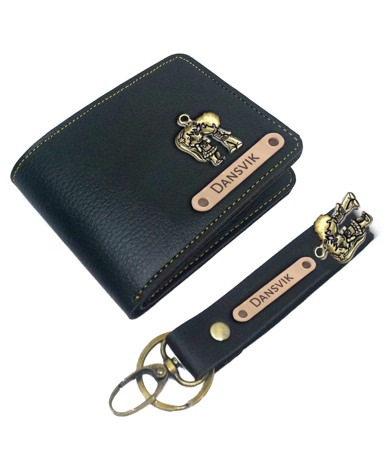 Customised Wallet and Keychain Combo by Name | Personalized with Name Printed | Leather Keychain Combo::_Black-image-31