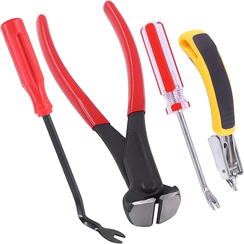 Swpeet Juego de 4 herramientas para quitar grapas, tapicería y construcción, extractor de tachuelas de uñas en forma de U, removedor de alfombras,