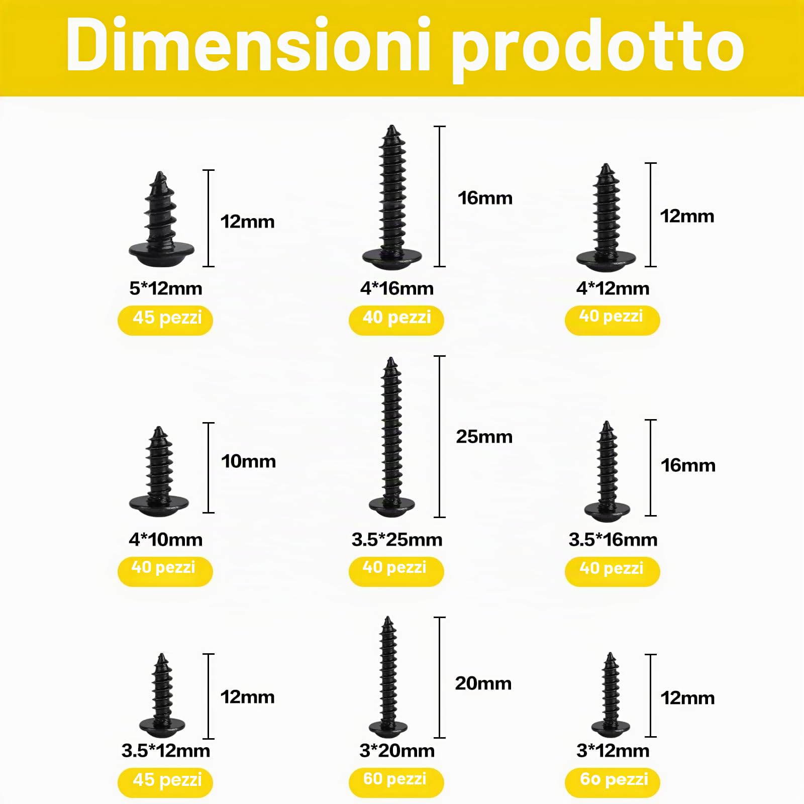 400 Pz M3 M3.5 M4 M5 Set di Viti Autofilettanti a Testa Cilindrica, Piatta e Rotonda, a Croce per Legno, Metallo e Plastica - Nere