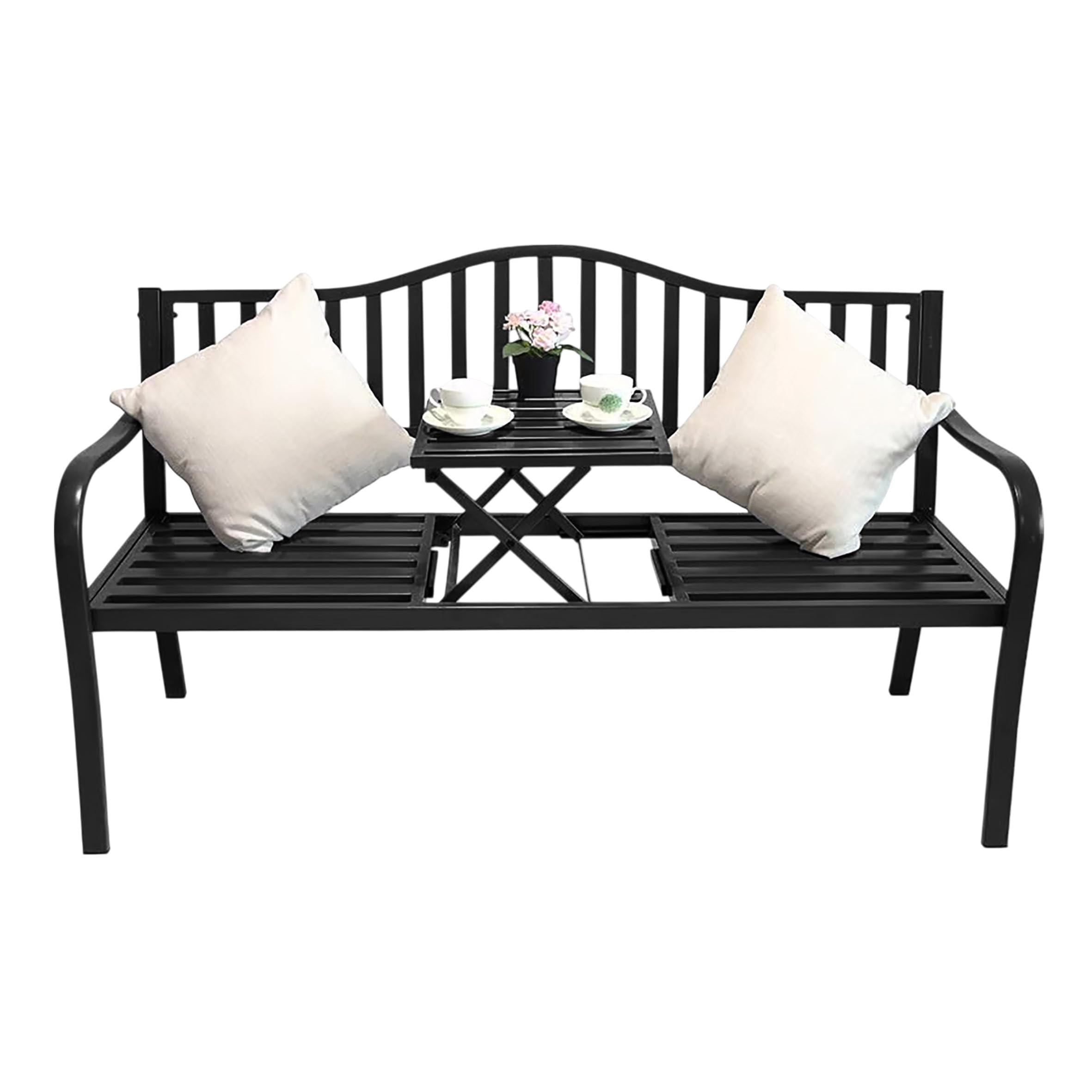 Metalowa ławka ogrodowa ze zintegrowanym stołem – 150 x 56 cm – ławka do siedzenia 2 w 1 lakierowana proszkowo na czarno – ławka parkowa ze składanym stolikiem, półka do ogrodu, na balkon, taras