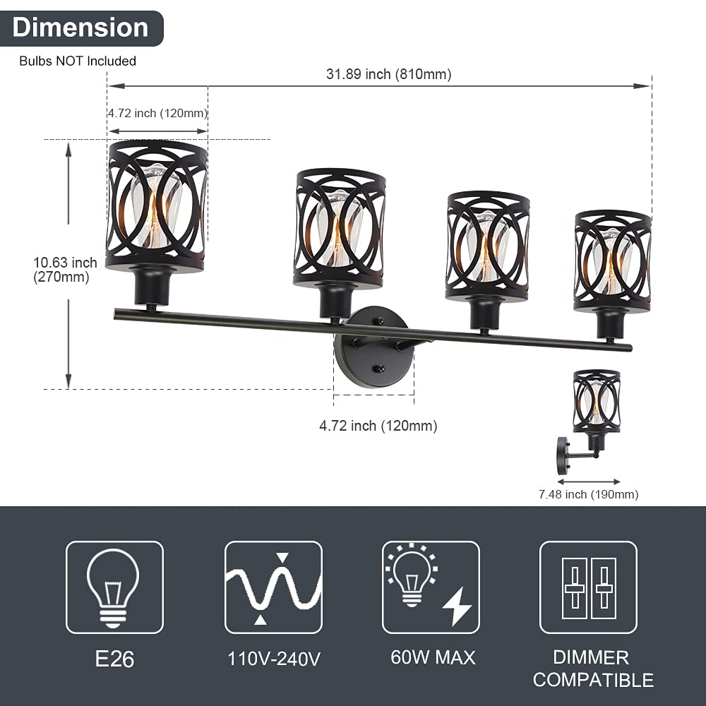 WINSHEN 4-Lights Black Rustic Vanity Wall Light Fixture, Industrial Bathroom Wall Lighting Over Mirror for Bedroom Hallway Living Room