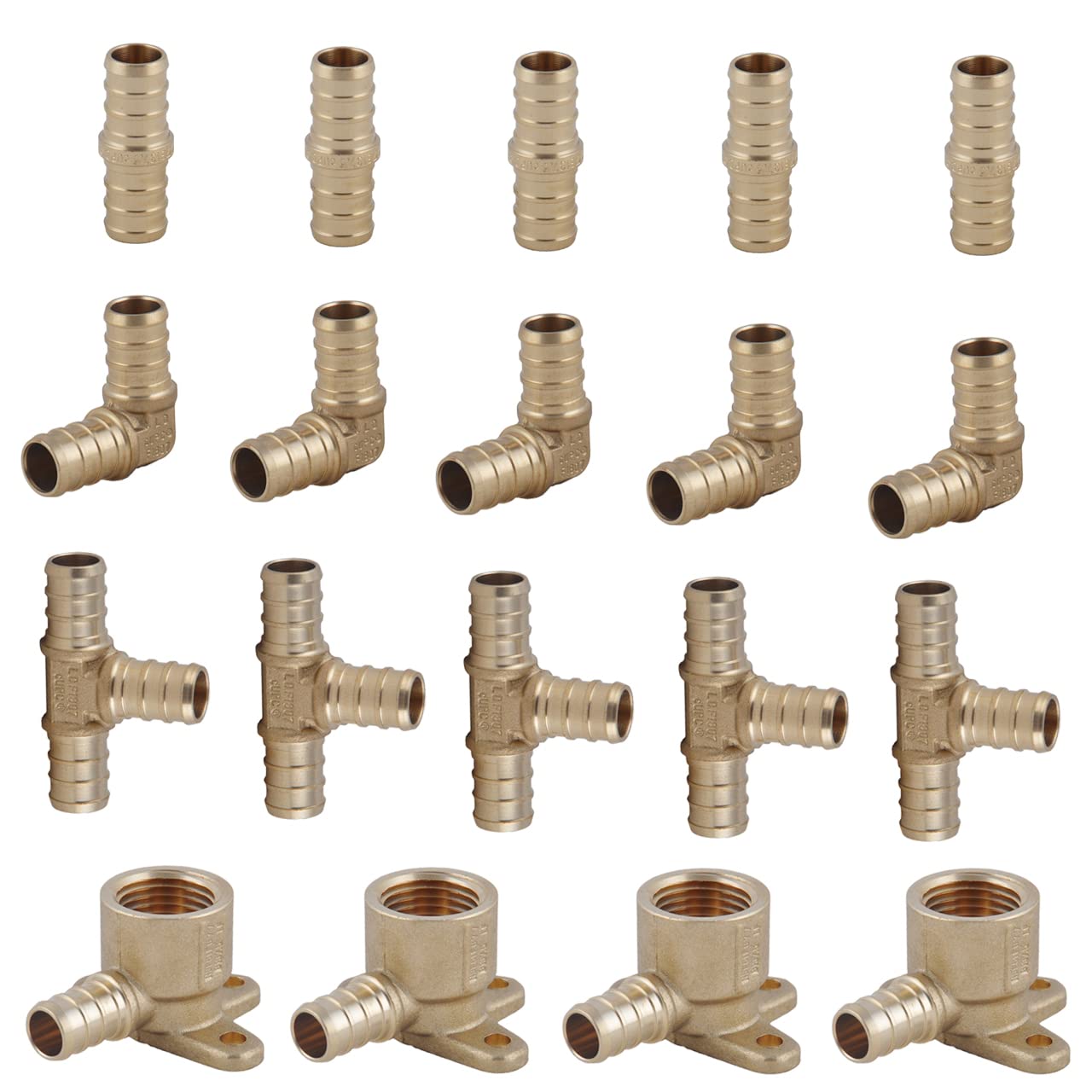 LD Longda 19PCS PEX Fitting Combo with 1/2'' PEX Straight Coupling (5PCS), 1/2'' 90 Degree Elbow (5PCS), 1/2'' PEX Tee (5PCS), 1/2'' Drop Ear Elbow(4PCS), Brass Barb Crimp Pipe Hose Fittings
