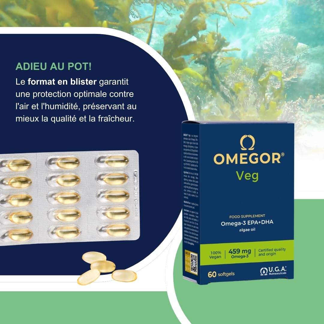 Omegor Veg - Huile de plantes dérivées d’Huile d’ Algues Durables | Le seul certificat IFOS | 250 mg de DHA et 125 mg d'EPA pour la capsule | 60 gélules, approvisionnement en 2 mois | 100% végétalien