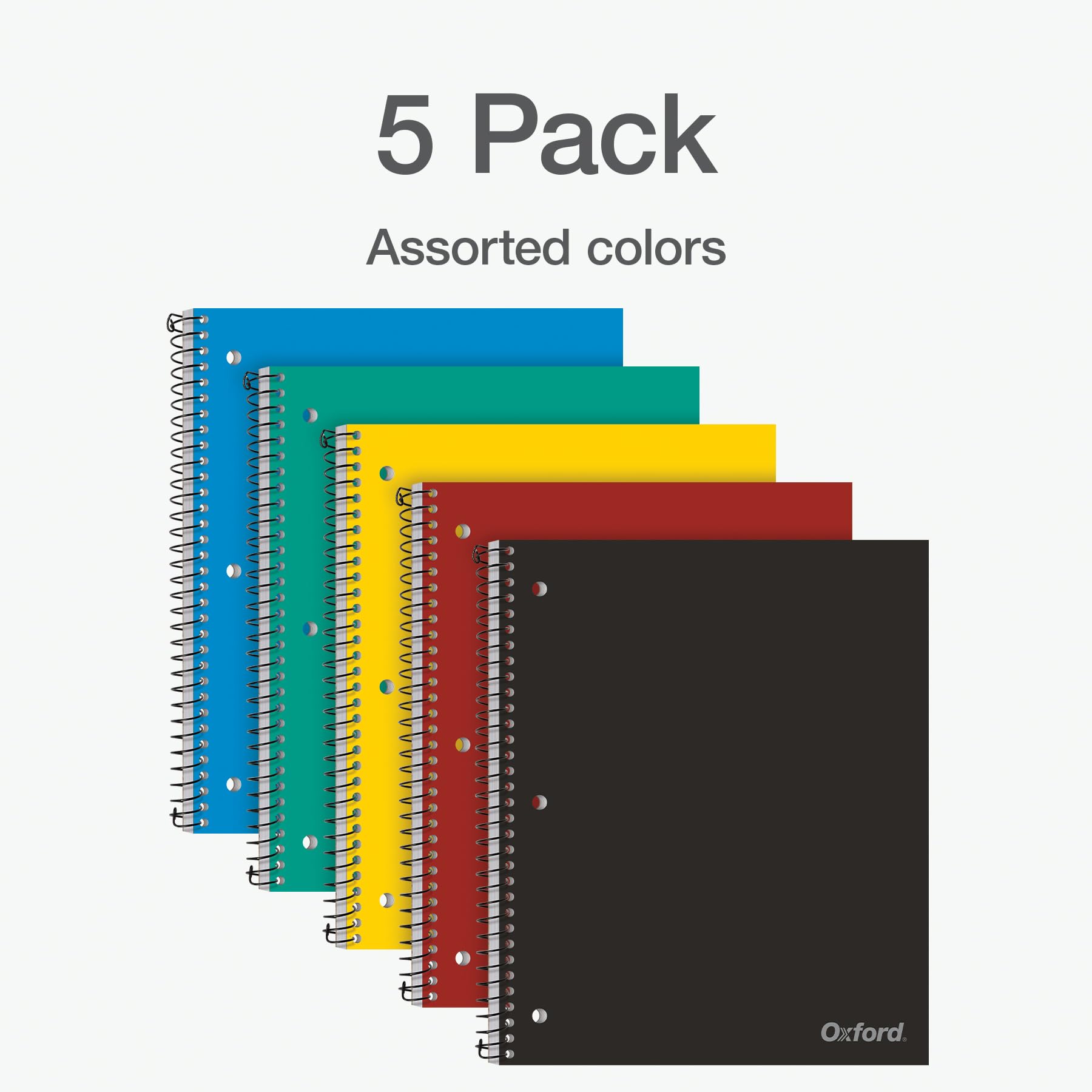 Oxford 1 Subject Spiral Notebook, Notebook for School, Plastic Covers, Back to School Supplies, College Ruled, 100 Sheets, 5 Pack, Assorted Primary Colors: Black, Blue, Red, Green and Yellow (1009289) - Image 7