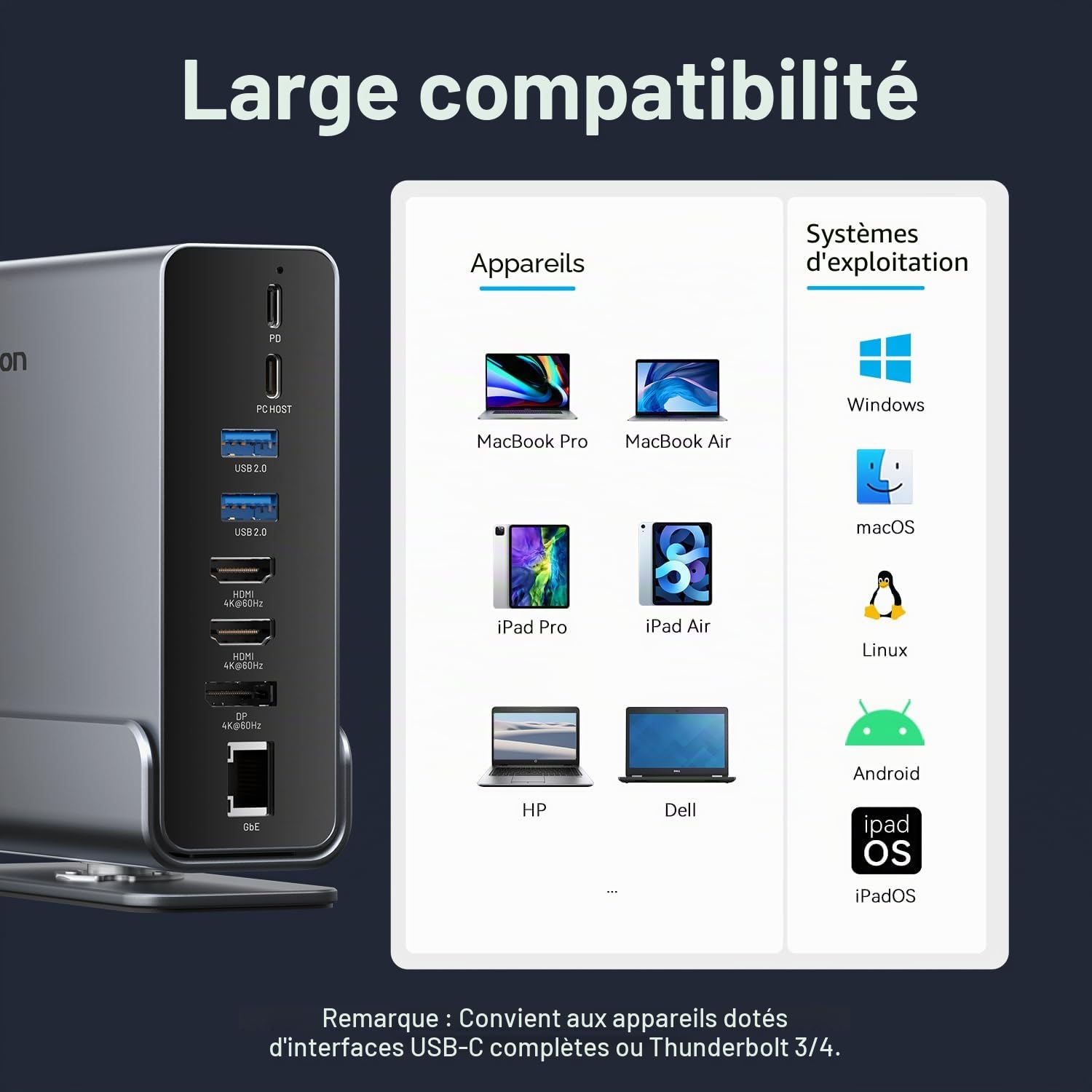 Vention USB C Station d'accueil 15-en-1 pour Configuration à Deux moniteurs,Triple Affichage,Portable Dock Type C Thunderbolt 4,Double 4K@60Hz HDMI,4K@60Hz DP,100W PD,USB 10Gbps,RJ45,Audio,SD/TF