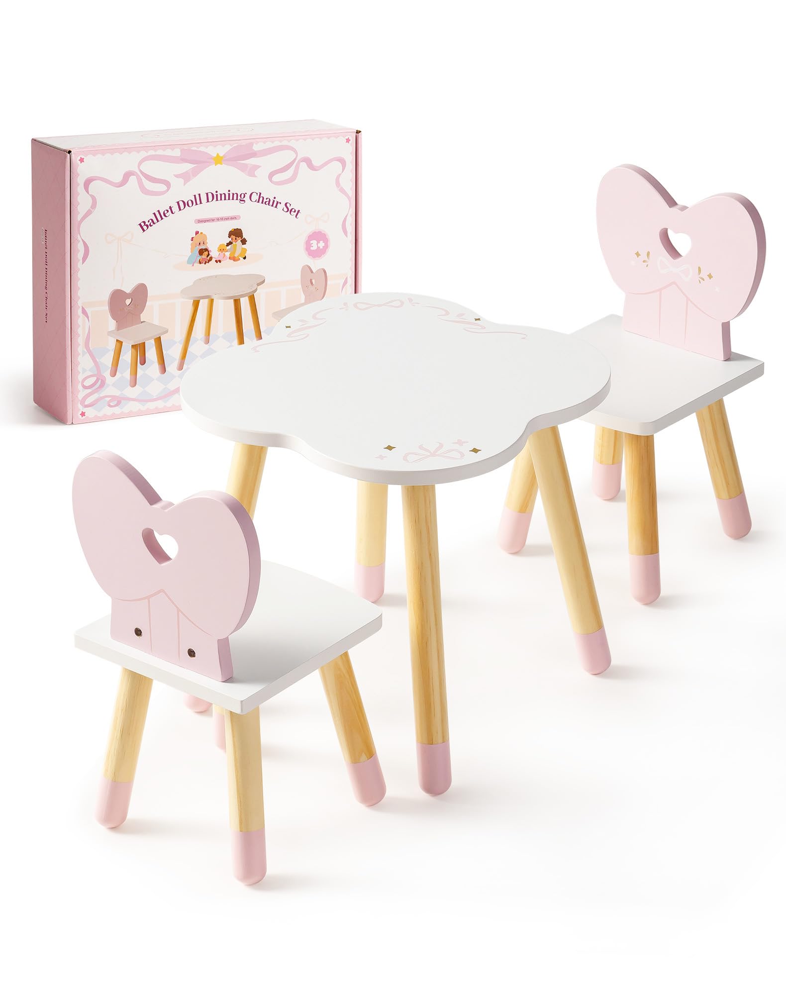 ROBOTIME Puppen-Esstisch mit 2 Stühlen aus Holz, Ballet Series, Rosa | Für 16–18 Zoll Puppen, mit Herz- und Schleifenlehnen, für Mahlzeiten, Lernen, Teepartys und fantasievolle Rollenspiele