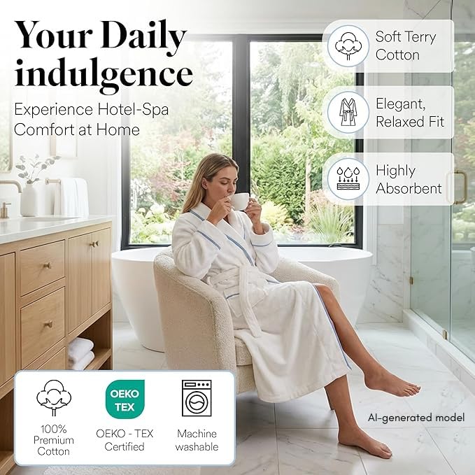 Image of Jillien Harbor Womens Cotton Bathrobe - Towel Robe for Women in Soft Terry Cloth, Highly Absorbent Cotton Robes for Women with Refined Blue Piping, Cuffed Sleeves Medium to Large Fit - One Size, White