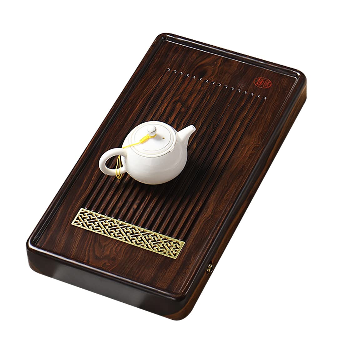 Plateau À Thé Simple en Bois Massif D'Ébène, Style Gongfu Japonais/Chinois, Plateau De Service avec Drainage Et Coussin Antidérapant pour Salon De Thé,43x23x4.5cm