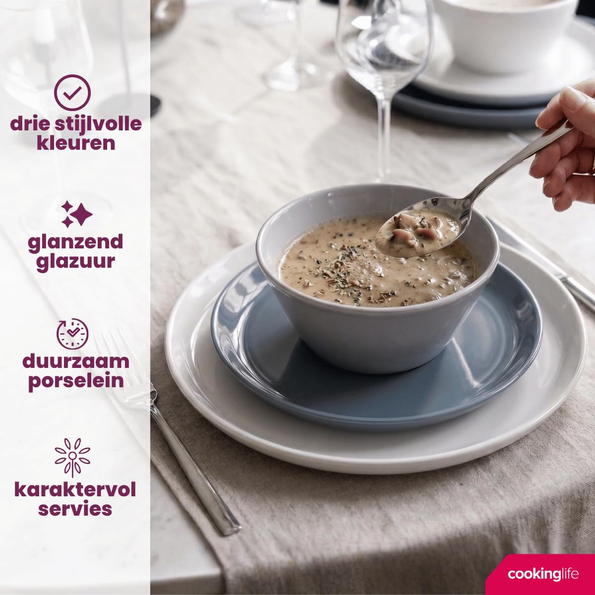 Cookinglife Serviesset Siaki - Wit/Blauw/Grijs - Porselein 18-delig / 6 personen - 6 dinerborden, 6 koszulek i 6 komentarzy