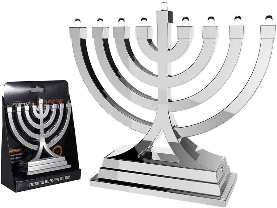 Zion Judaica - Paquete de 2 menorás eléctricos compactos LED alimentados por USB, botón de Janucía, varios ajustes de luz, Hanukkah, funciona con pilas, menorás pequeñas para automóvil, decoración de Colombia