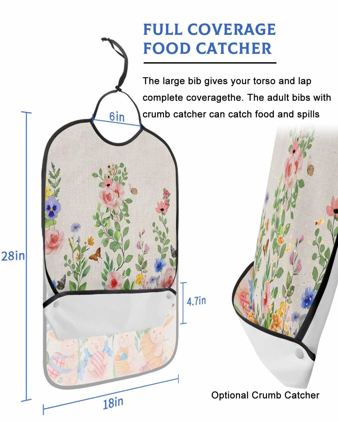 LEOKOTI Spring Floral Easter Adult Bibs for Eating, Waterproof Bibs with Food Catcher & Snap Closure, Watercolor Bunny Colorful Flowers Botanical Washable Clothing Protectors Adult Bibs for Elderly