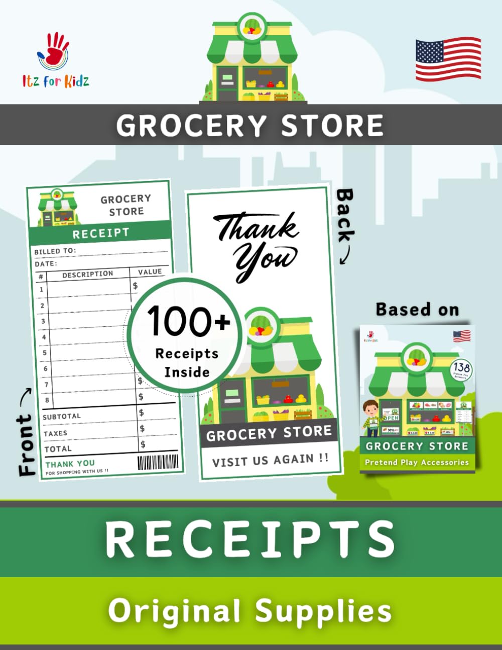 Pretend Grocery Store Receipts (US Edition): Sale / Purchase receipts for Grocery Store Pretend Play | Itz for Kidz (Pretend Play Retail & Market