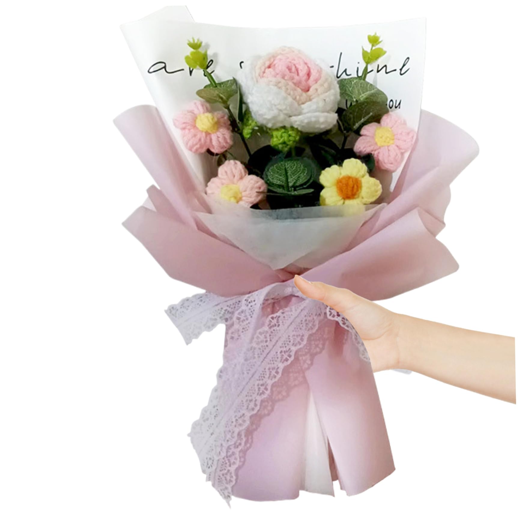 Bouquet de fleurs au crochet 5 têtes roses 7,9 x 11,8 pouces pour mariage Saint-Valentin