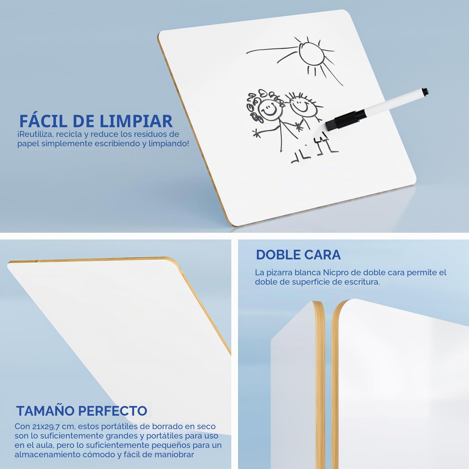 Nicpro A4 Pizarra Blanca, Pequeño Tablero Blanco 9 x 12 Pulgadas Tablero de Doble Cara con 3 Rotulador para alumno colegios, oficinas, Hogar