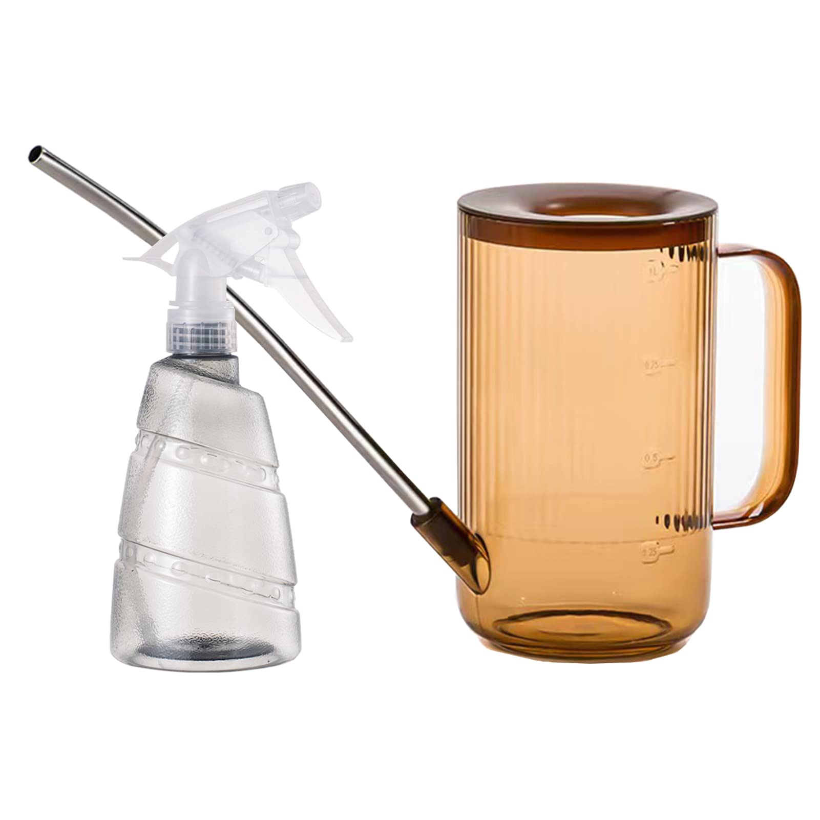 Watering Can for Indoor/Outdoor Plants 1L/34oz with Stainless Steel Long Spout, Bonus 500ml/17oz Spray Bottle for Watering Plants, Flowers, Succulents and Bonsai(Brown)