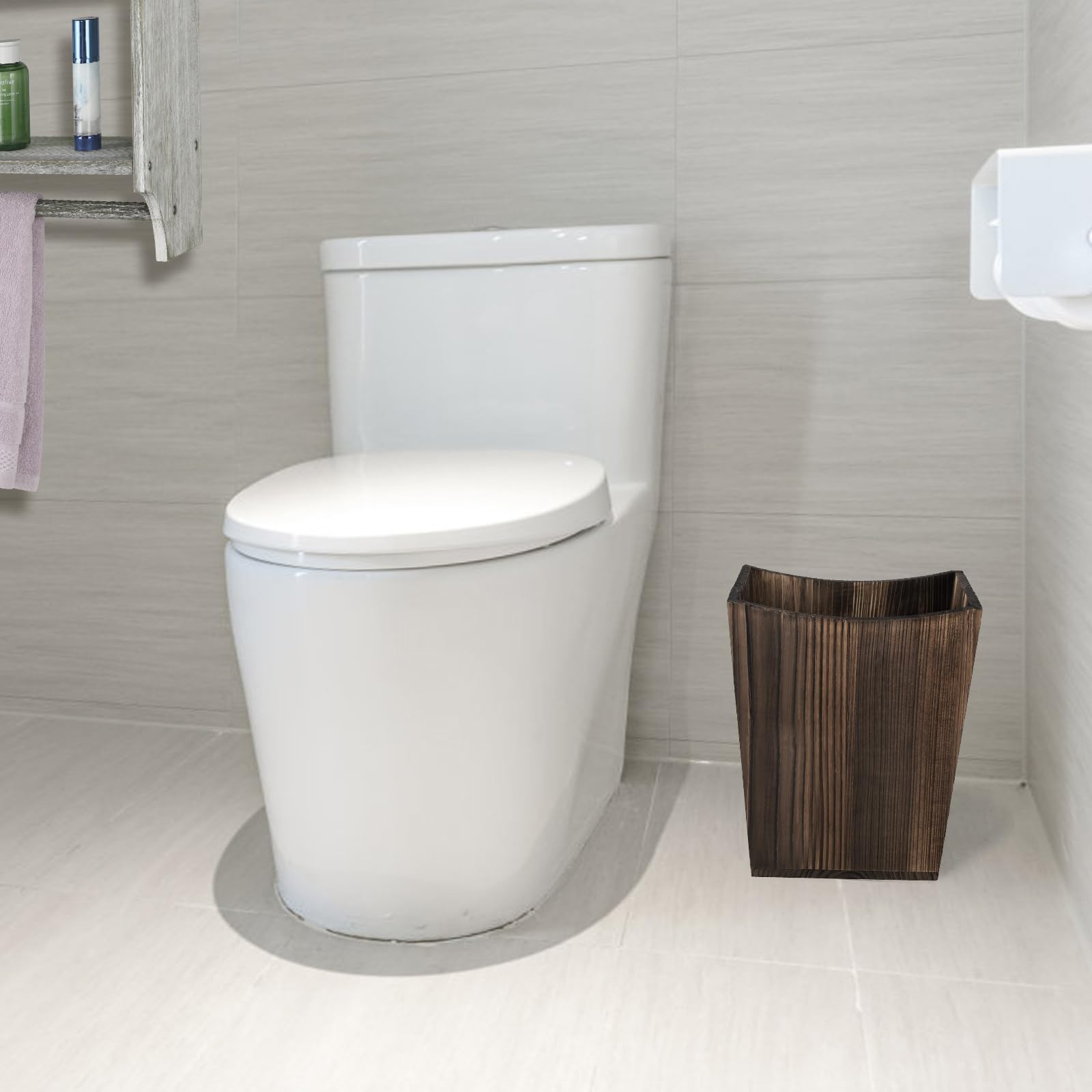 SEHERTIWY Wood Trash Can, Farmhouse Wastebasket Bin for Bathroom, Office, Bedroom, Living Room, Small Square Rustic Garbage Container (Wood-Brown)