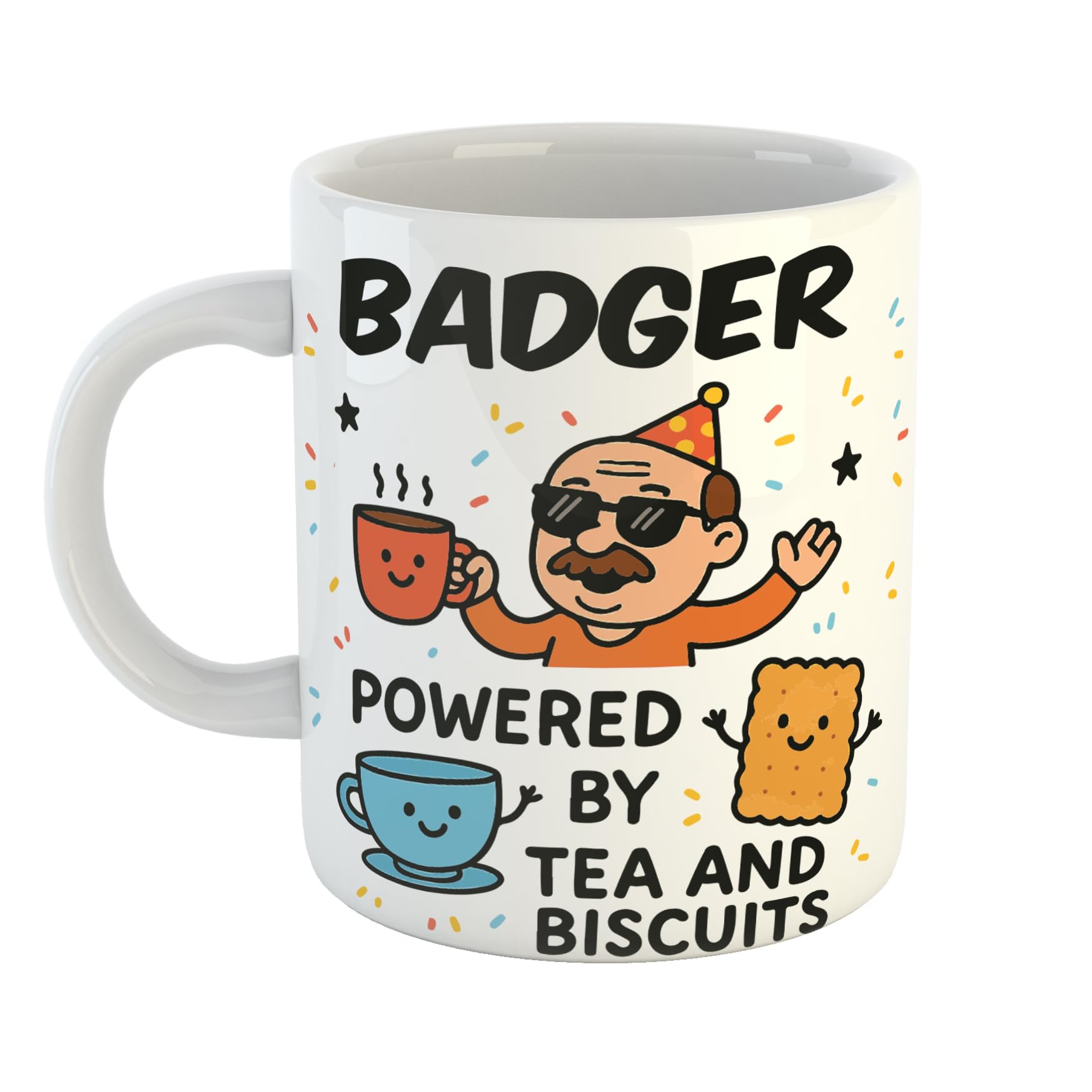 Just The Shirt Badger Powered by Tea and Biscuits Funny Ceramic Mug Gift for Work Colleagues, Retirement, Birthdays, or Office Humour