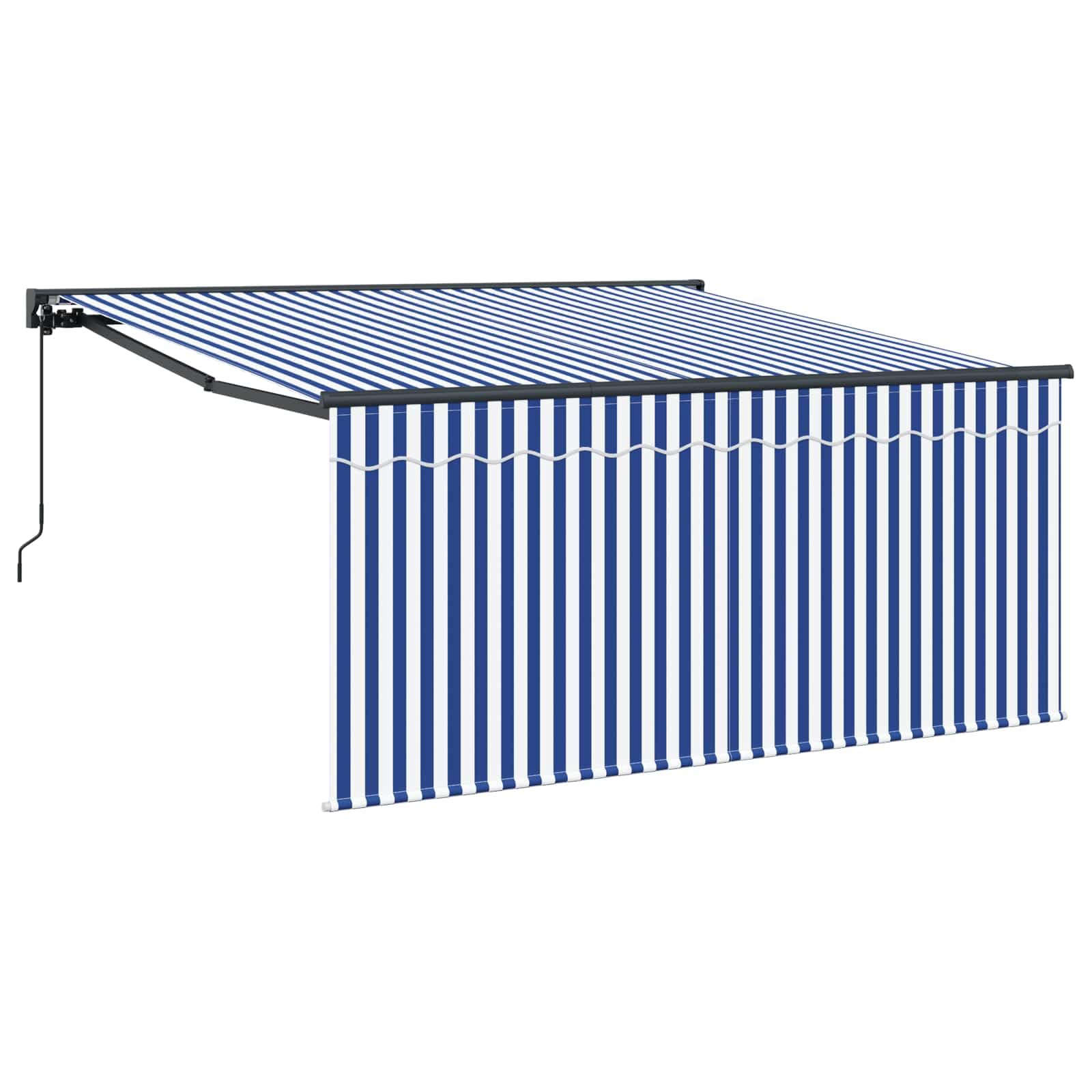 Toldo retráctil azul blanco 350 x 250 cm, toldo con brazo articulado para terraza y jardín, protección solar manual de poliéster y aluminio para exteriores
