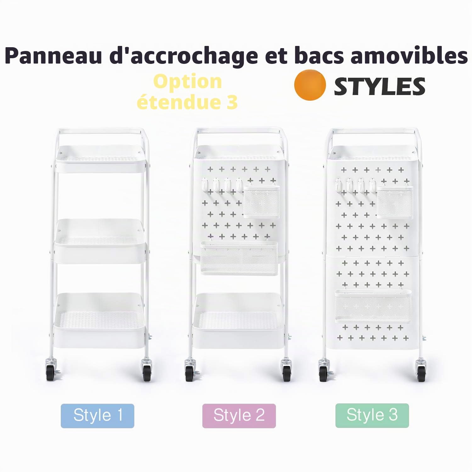 Kingrack Desserte à Roulettes 3 Niveaux, Panneau Perforé Bricolage avec Crochets et Panier, Voiture de Stockage Multifonctionnelle, Blanc | Panneau Perforé DIY, Crochets, Panier, Multifonctionnelle