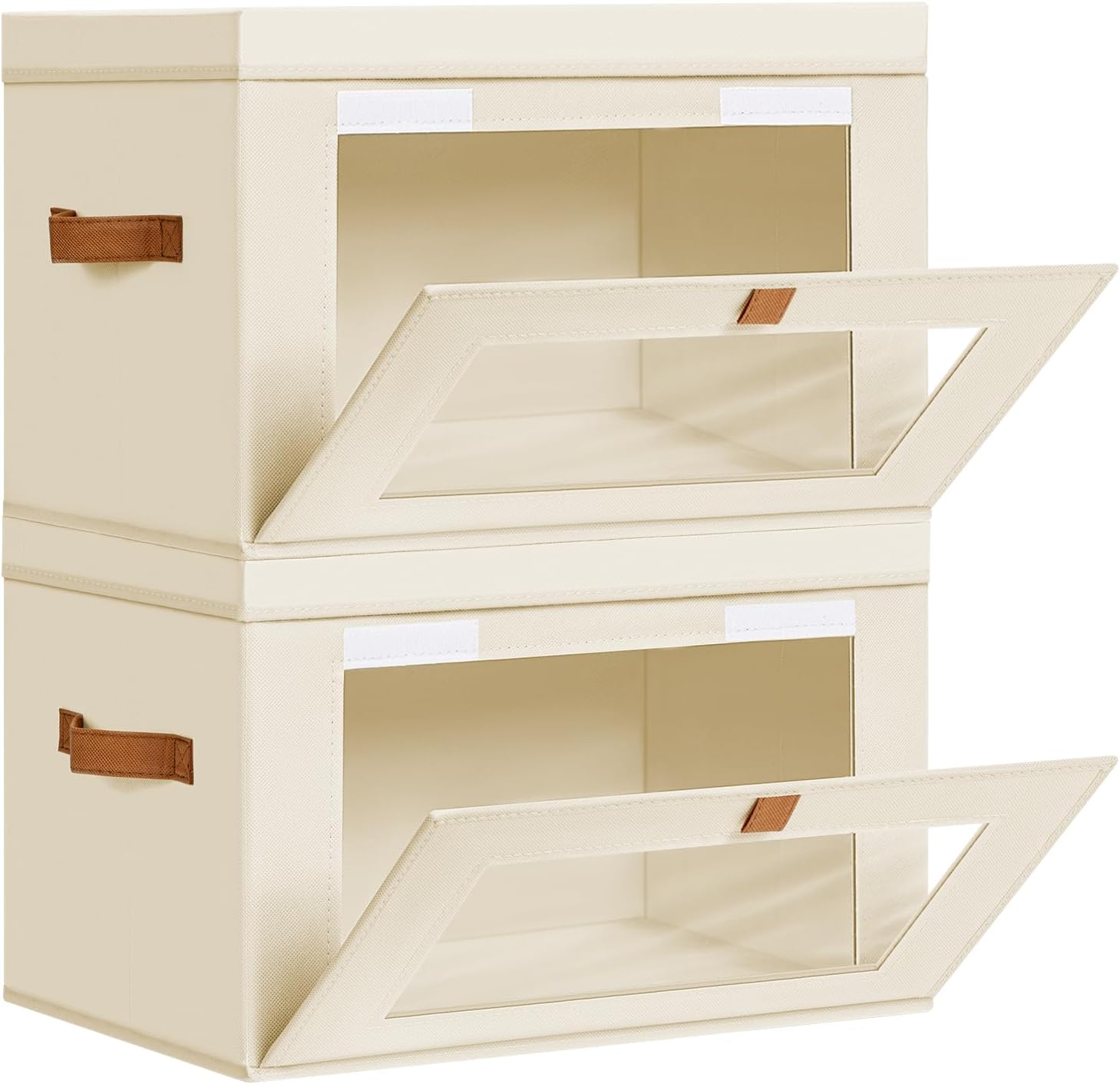 DIMJ Wardrobe Storage Box with Lid – 2 Pack Collapsible Bins with Handle and Front Window, Decorative Fabic Boxes Clothing Organiser for Shelves Containers Bedroom Office, Beige, 42×30×28CM