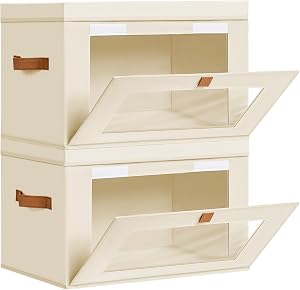 DIMJ Large Closet Storage Bins with Lid - 2 Pack Decorative Collapsible Storage Box with Handles & Clear Window for Clothes, Stackable Basket Organizer Living Room,Bedroom,Office, Beige
