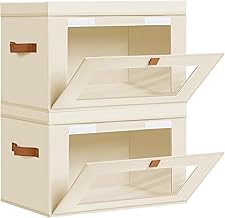 DIMJ Wardrobe Storage Box with Lid - 2 Pack Collapsible Bins with Handle and Front Window, Decorative Fabic Boxes Clothing Organiser for Shelves Containers Bedroom Office, Beige, 42×30×28CM