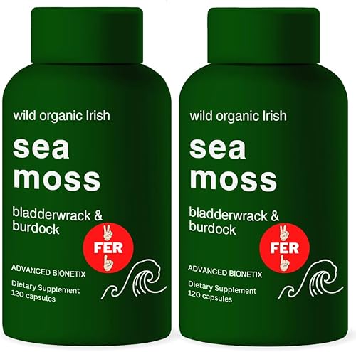Miniatura 9 de Cápsulas orgánicas de musgo marino irlandés, sin procesar de masa marina silvestre mejorada con cápsulas de raíz de vejiga y bardana, 120 píldoras
