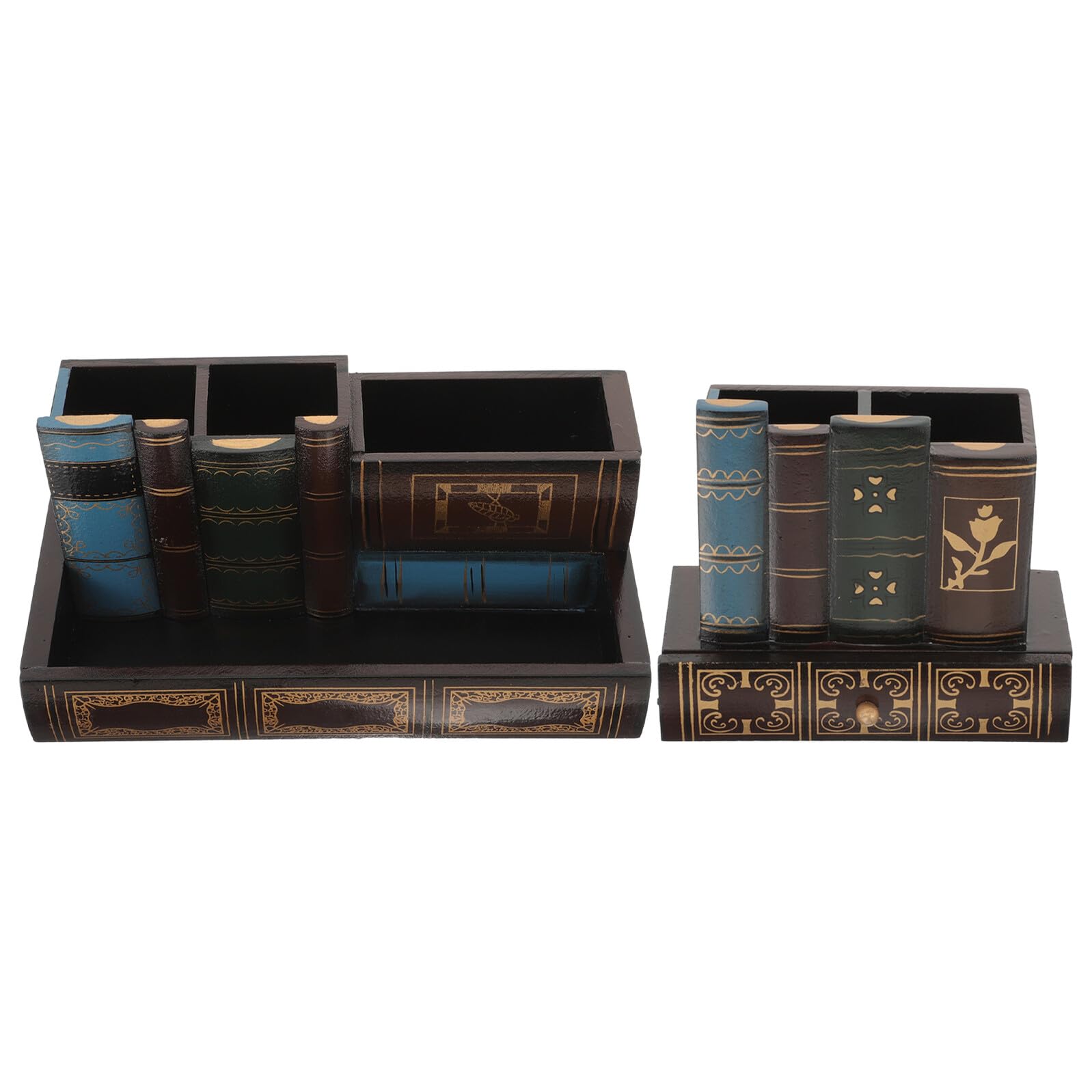 SUPVOX 2 Pezzi Portapenne da Scrivania Vintage in Legno con Cassetto Organizer Forma di Libro per Cancelleria e Scrivania Elegante