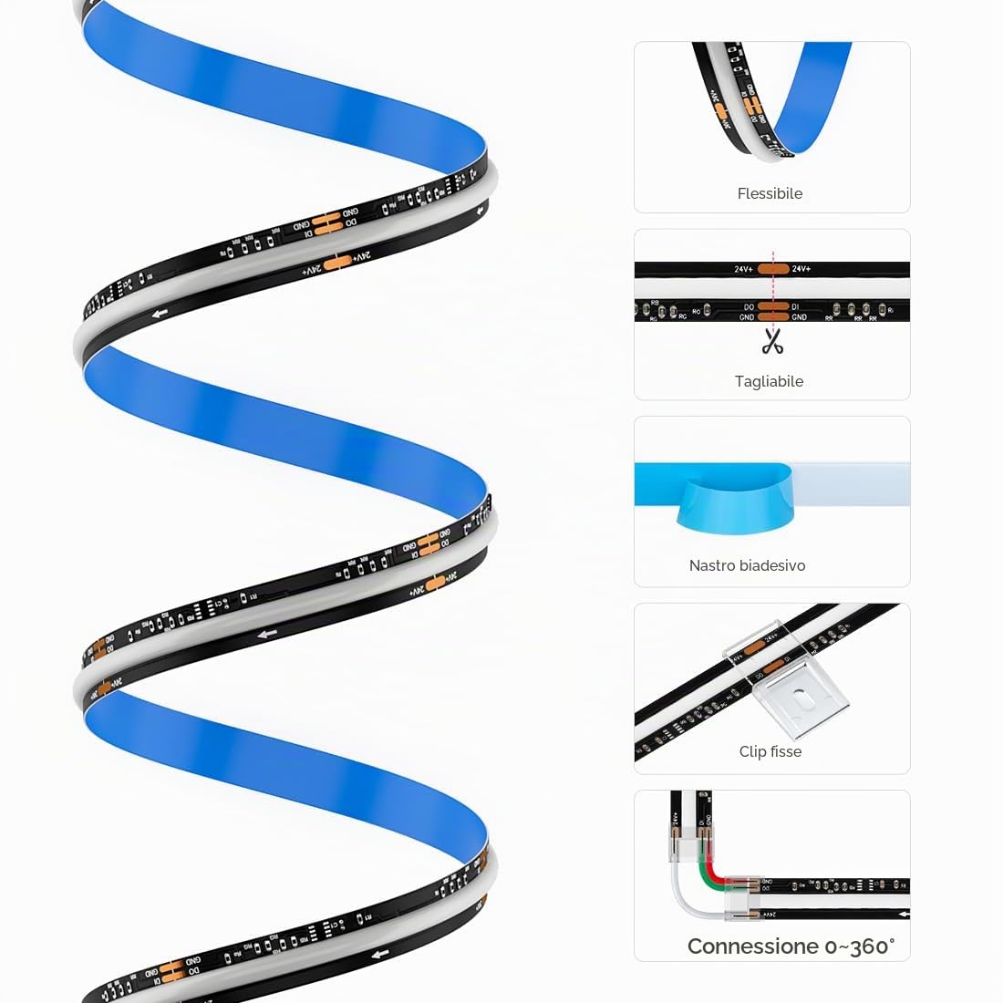 FCOB COB WS2811 IC RGB Indirizzabile Striscia LED Uniform 5M DC24V Nero PCB | 630LEDs/m 70IC flessibile ad alta densità Strisce LED che Cambia Colore per Camera da Letto(Non Alimentazione Controller)