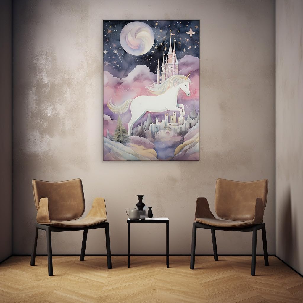Canvas for Living room. Mystical Moonlight Majesty: A Unicorn's Enchanted Evening Encounter, 27 x 18 inch Canvas Wall Art - Ready to Hang - 69x46 cm (27x18 inch)